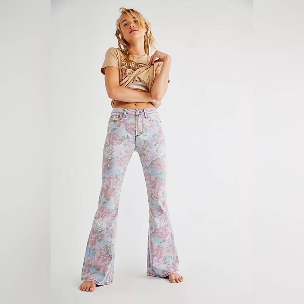 Free People x Driftwood Farrah Printed Floral Flare Jeans 27
